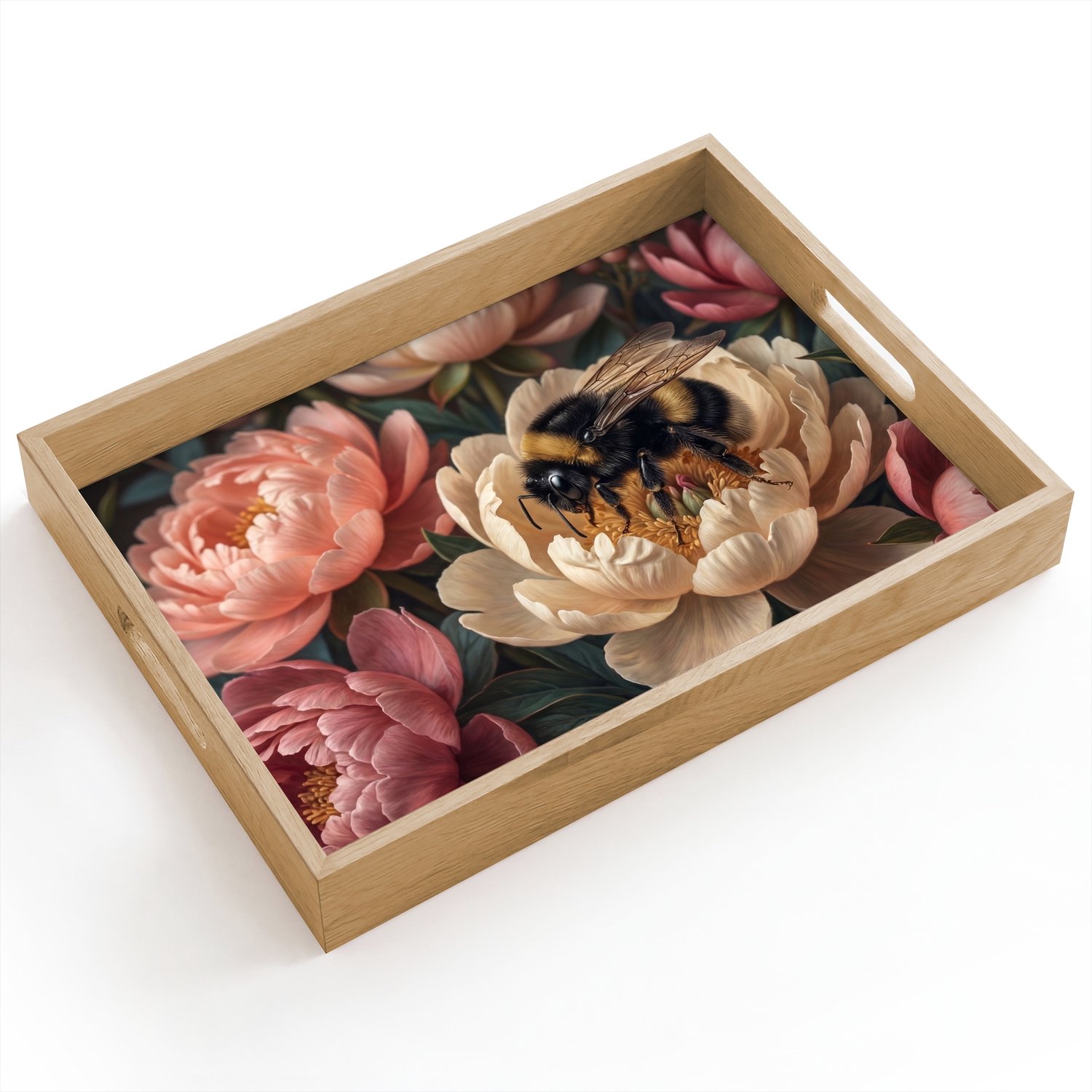 Dienblad hout 40x30 cm - Schootdienblad - Bloemen - Insect - Natuur - Roze - Borrelplank rechthoek - Plateau dienbladen