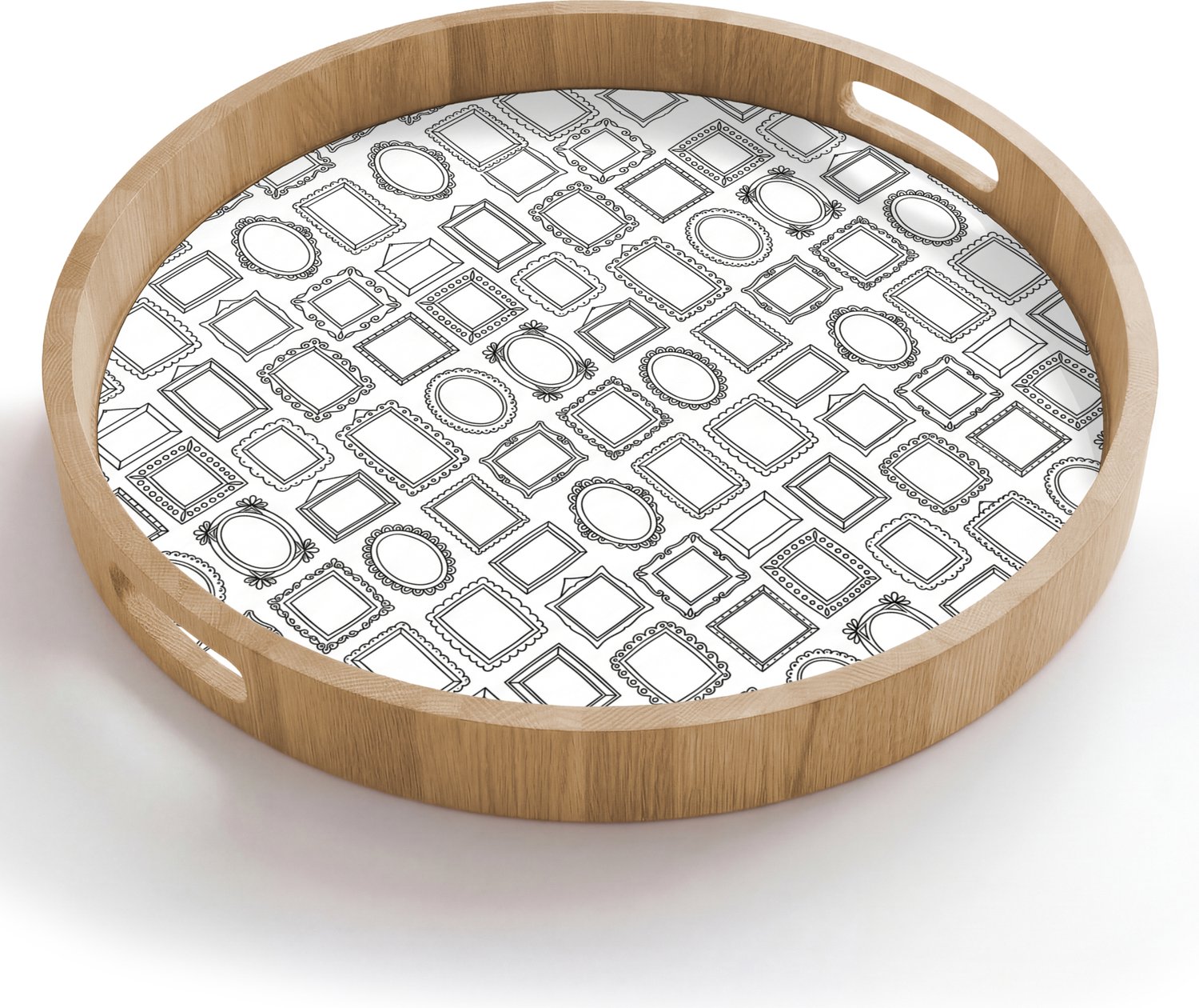 Dienblad rond 50x50 cm - Schootdienblad hout - Lijsten - Patroon - Decoratie - Schets - Zwart-wit - Borrelplank rechthoek - Plateau houten dienbladen
