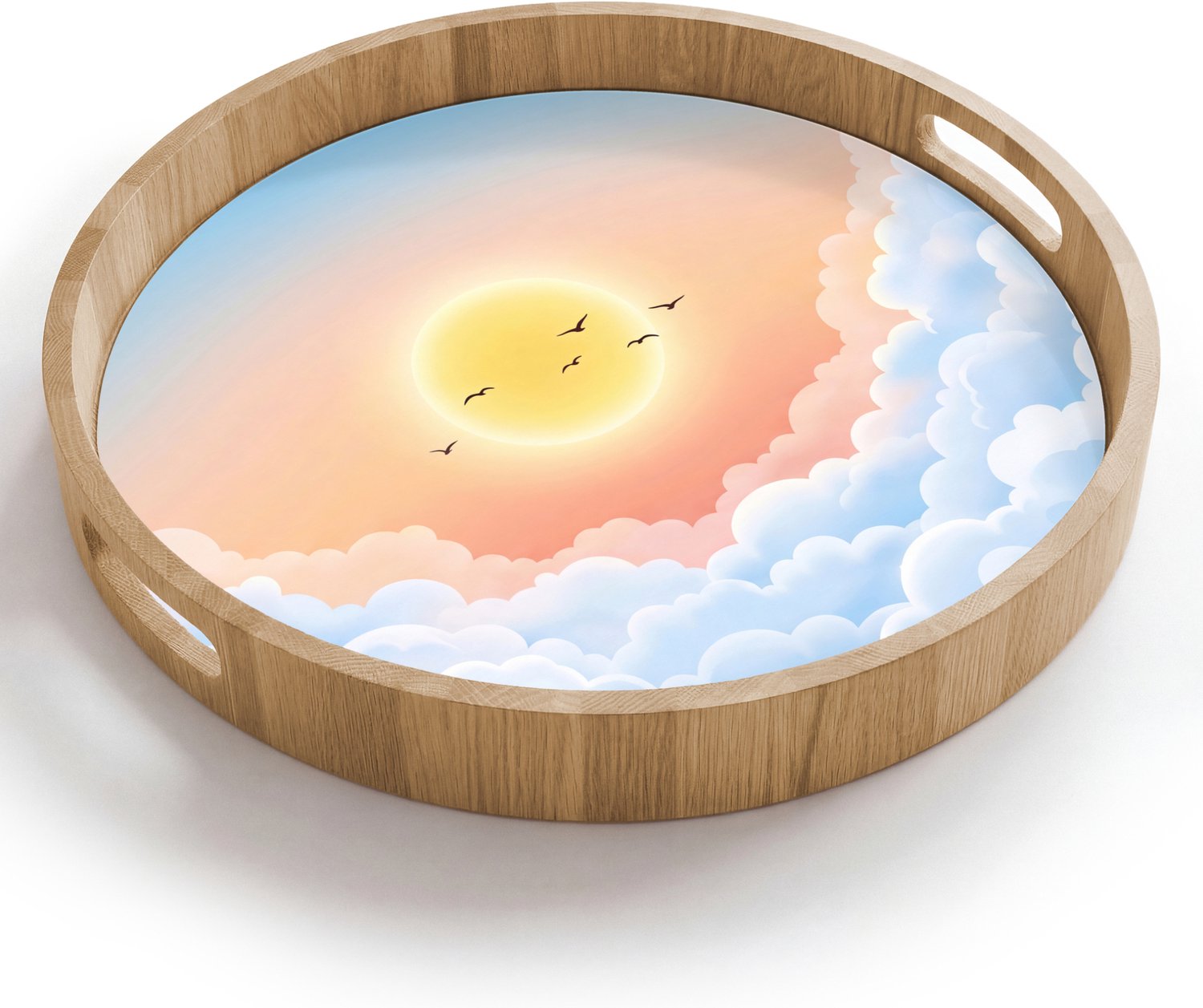 Dienblad rond 40x40 cm - Schootdienblad hout - Zon - Vogels - Lucht - Natuur - Geel - Borrelplank rechthoek - Plateau houten dienbladen