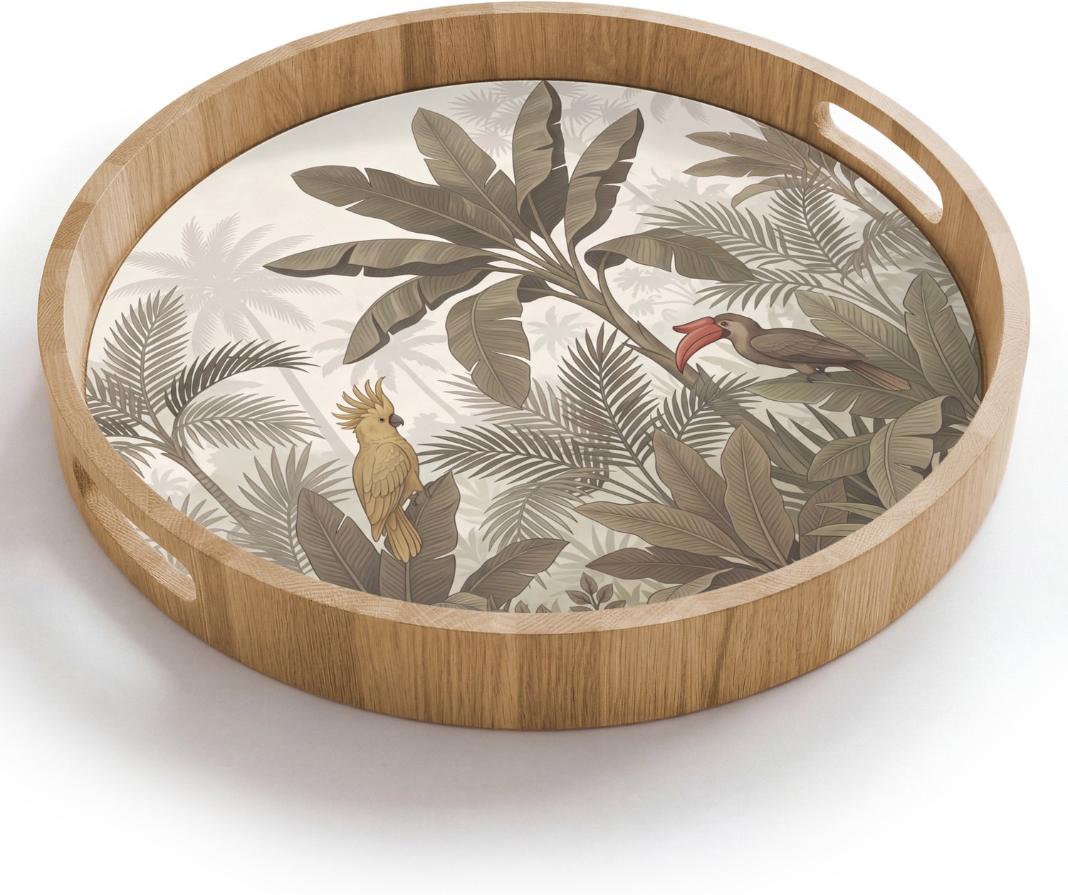 Dienblad rond 40x40 cm - Schootdienblad hout - Vogel - Jungle - Tropisch - Illustratie - Groen - Borrelplank rechthoek - Plateau houten dienbladen