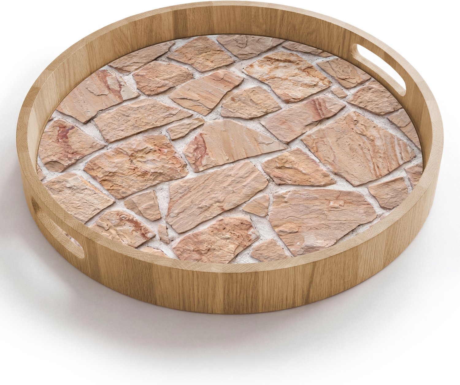 Dienblad rond 40x40 cm - Schootdienblad hout - Muur - Steen - Patroon - Rustiek - Beige - Borrelplank rechthoek - Plateau houten dienbladen