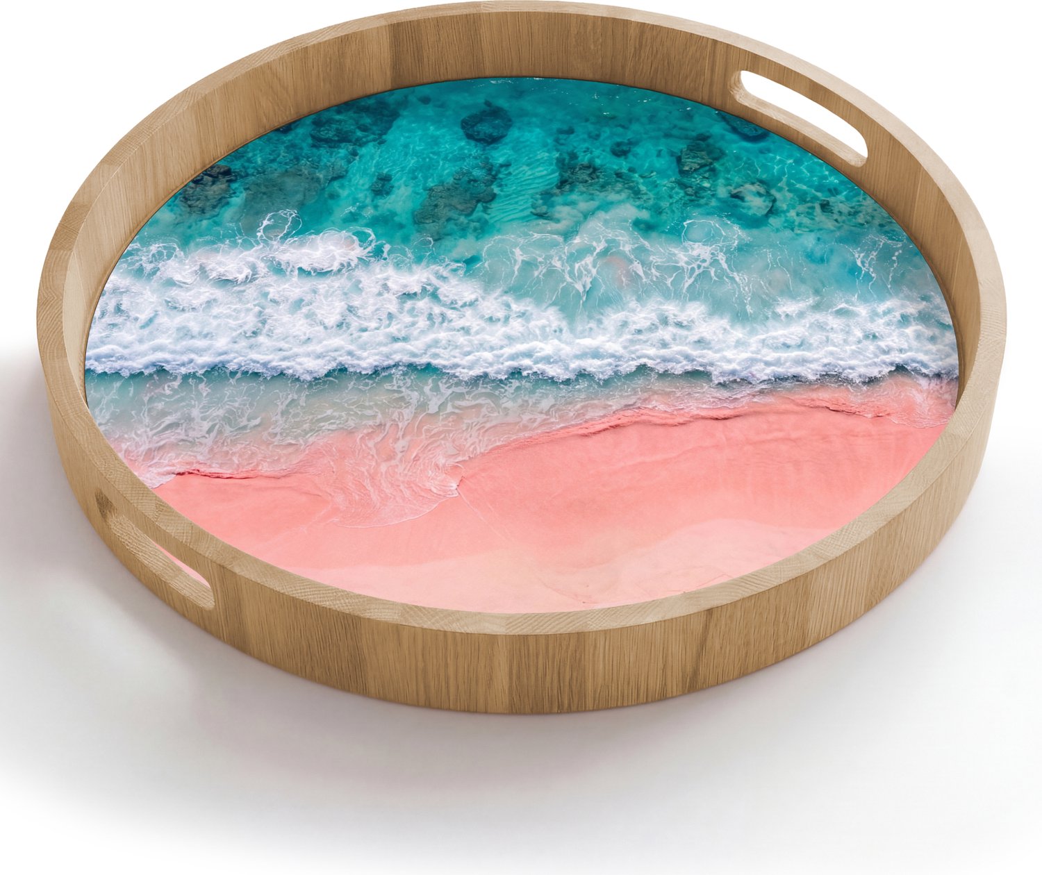 Dienblad rond 50x50 cm - Schootdienblad hout - Strand - Oceaan - Golven - Roze Zand - Natuur - Borrelplank rechthoek - Plateau houten dienbladen