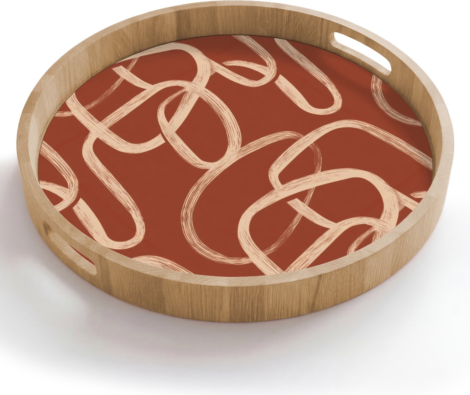 Dienblad rond 50x50 cm - Schootdienblad hout - Lijnen - Abstract - Organisch - Terracotta - Crème - Borrelplank rechthoek - Plateau houten dienbladen