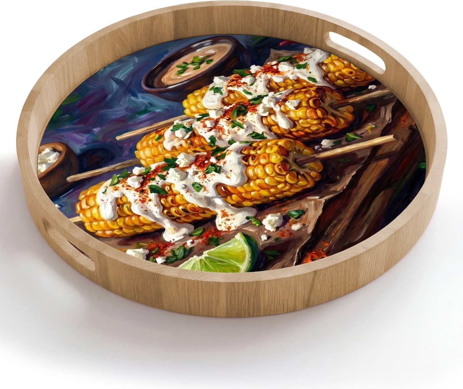 Dienblad rond 50x50 cm - Schootdienblad hout - Eten - Maïs - Saus - Geschilderd - Geel - Borrelplank rechthoek - Plateau houten dienbladen