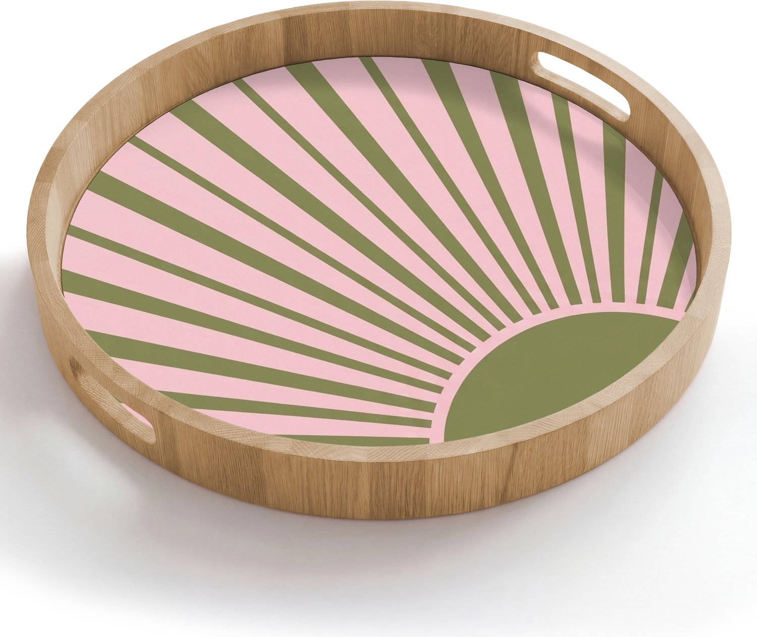 Dienblad rond 50x50 cm - Schootdienblad hout - Abstract - Stralen - Grafisch - Roze - Groen - Borrelplank rechthoek - Plateau houten dienbladen