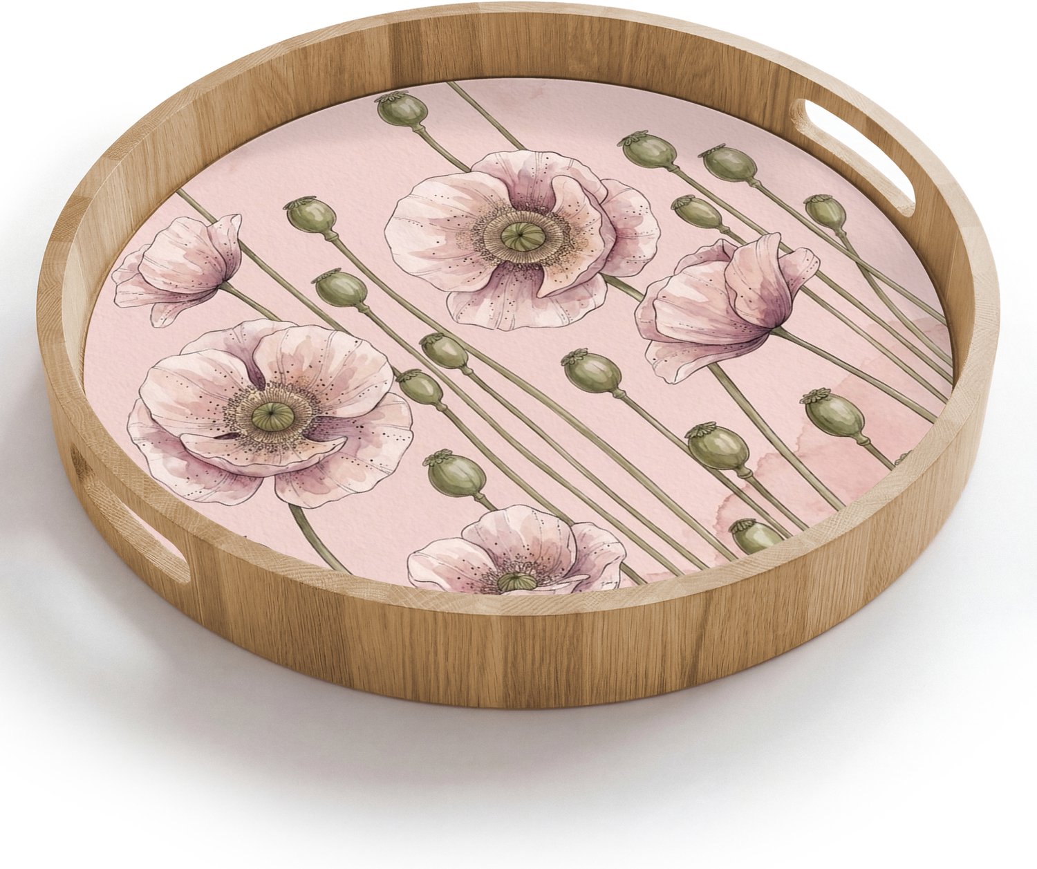 Dienblad rond 40x40 cm - Schootdienblad hout - Bloemen - Zomer - Natuur - Aquarel - Roze - Borrelplank rechthoek - Plateau houten dienbladen