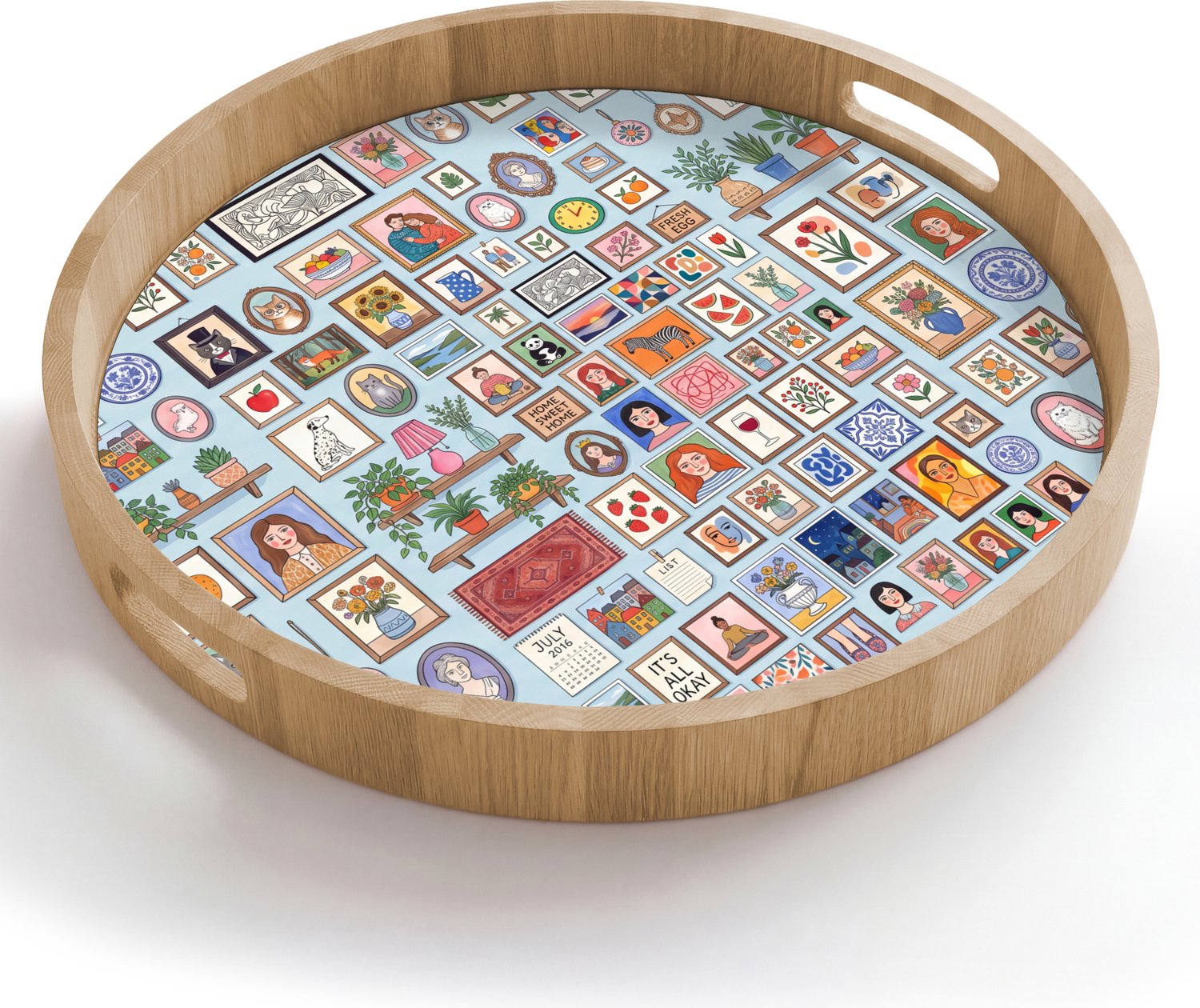 Dienblad rond 50x50 cm - Schootdienblad hout - Wanddecoratie - Collectie - Huis - Illustratief - Kleurrijk - Borrelplank rechthoek - Plateau houten dienbladen