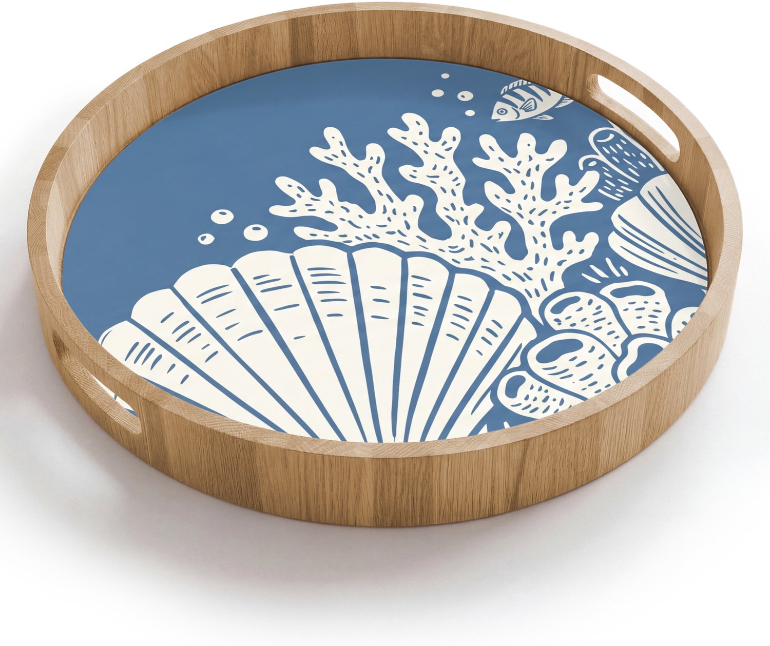 Dienblad rond 40x40 cm - Schootdienblad hout - Zeeleven - Koraal - Schelp - Vis - Illustratie - Onderwater - Borrelplank rechthoek - Plateau houten dienbladen