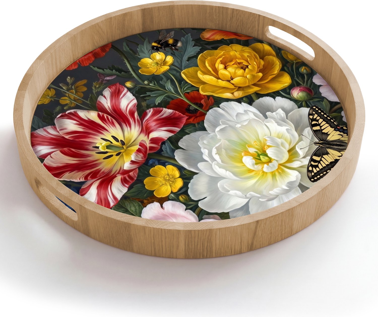 Dienblad rond 50x50 cm - Schootdienblad hout - Bloemen - Boeket - Klassiek - Kleurrijk - Natuur - Borrelplank rechthoek - Plateau houten dienbladen