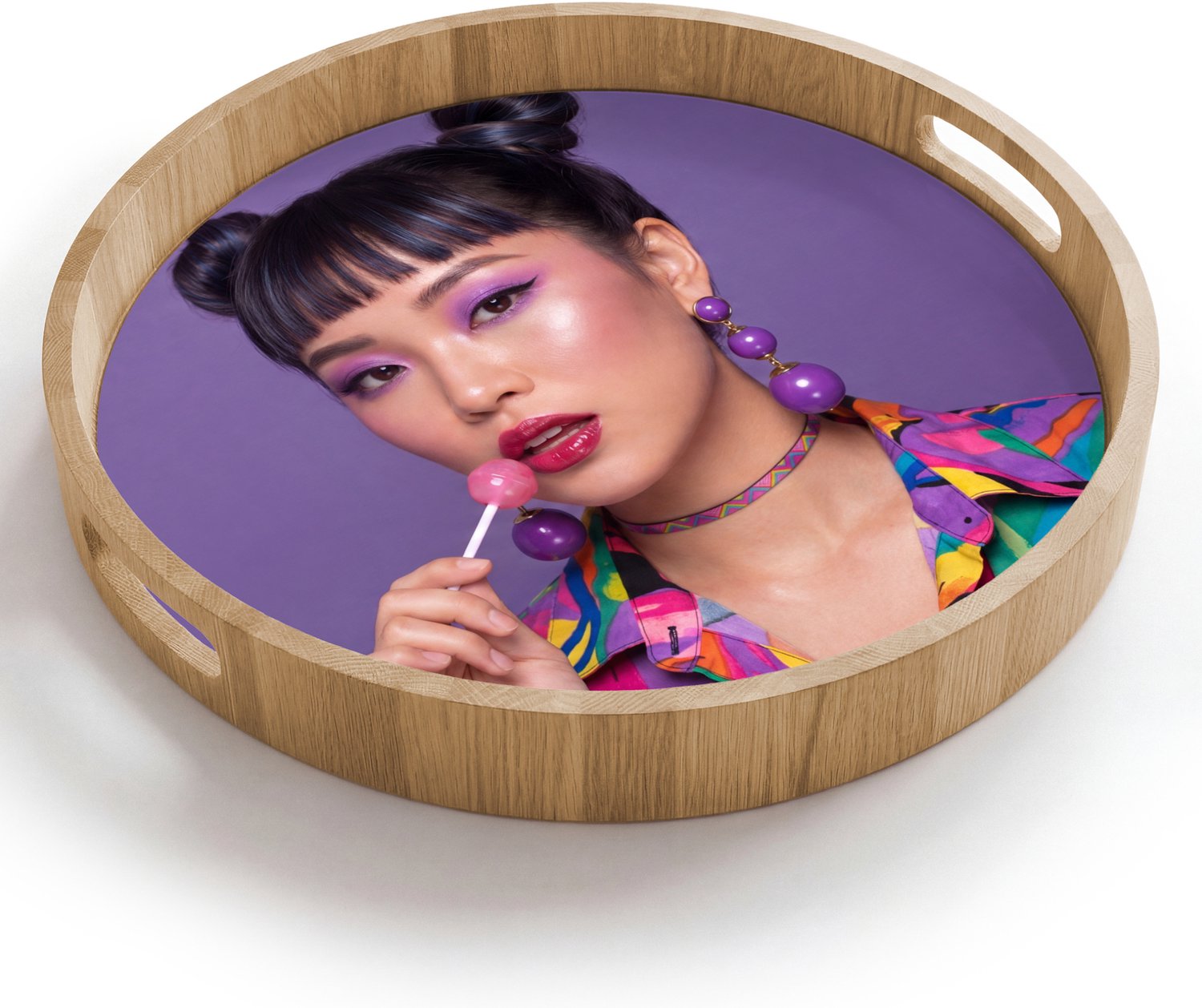 Dienblad rond 40x40 cm - Schootdienblad hout - Vrouw - Portret - Make-up - Paars - Levendig - Borrelplank rechthoek - Plateau houten dienbladen