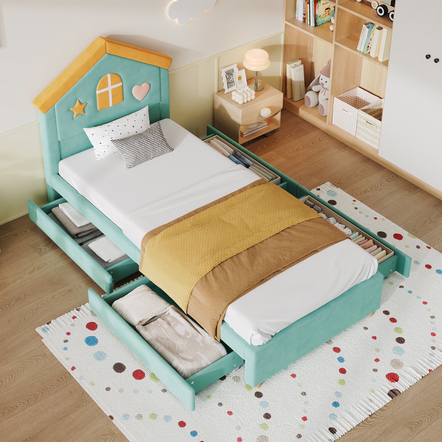 HAUSS SPOLE Kinderbed 90x200 cm - Gestoffeerd Huisbed met 4 Opberglades - Zonder Matras - Lattenbodem van Multiplex - Fluwelen Bekleding - Blauwgroen