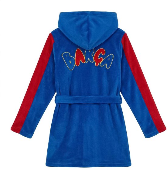 Blauwe badjas voor kinderen met rode mouwen, capuchon en het woord 'Barça' in rode letters op de rug.
