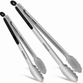 Set van twee zilverkleurige roestvrijstalen Hi Nature barbecuetangen met zwarte siliconen grip en ophangring.