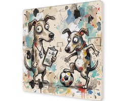 Canvas Schilderij Honden Voetbal Grappig Aquarel Hond Voetbalcoach met Fluitje en Speler Humoristische Sport Dieren Wanddecoratie Jongenskamer Schilderij op Canvas 40x40 cm