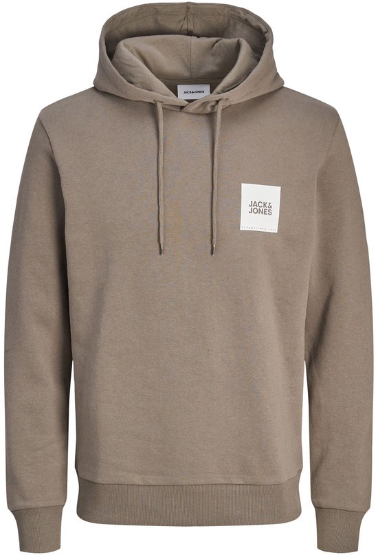 Taupekleurige hoodie met capuchon en trekkoord, voorzien van een wit Jack & Jones-logo op de linkerborst.