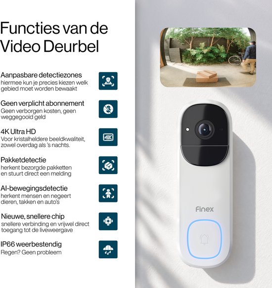 Finex Video Deurbel V3 - Wit - 4K Ultra HD - Inclusief Binnenbel - AI Bewegingsdetectie - Geen abonnement - Vast stroom of Batterijen - WiFi - T-ring geluid - Slimme Draadloze Video Deurbel Met Camera — afbeelding 2