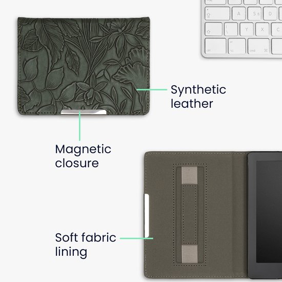 kwmobile e-reader hoesje geschikt voor Kobo Aura Edition 2 hoes - E reader flip case met magneetsluiting - Ereader cover - Bloemen in reliëf design in groen — afbeelding 3