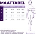 Maattabel met lichaamsillustratie voor Shapetape, tonend afmetingen voor borst, taille en heupen in centimeters.