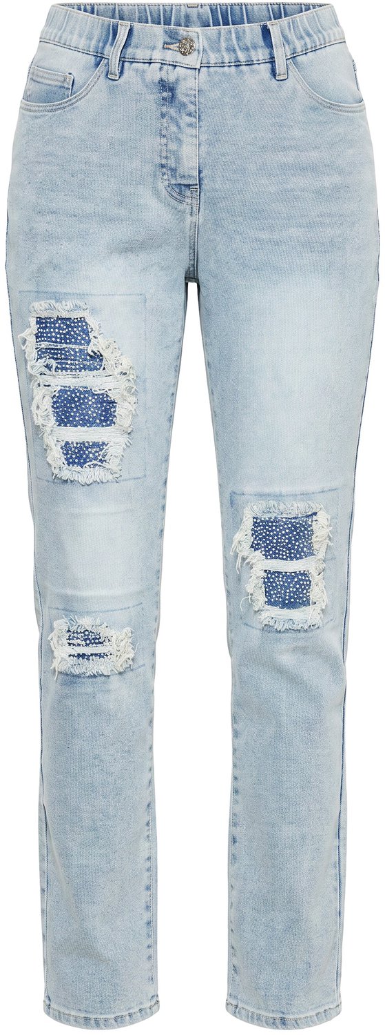 Ulla Popken - Dames - Jeans Sammy wijde pijpen sierstenen destroyed effect - Licht blauw denim - Maat 58