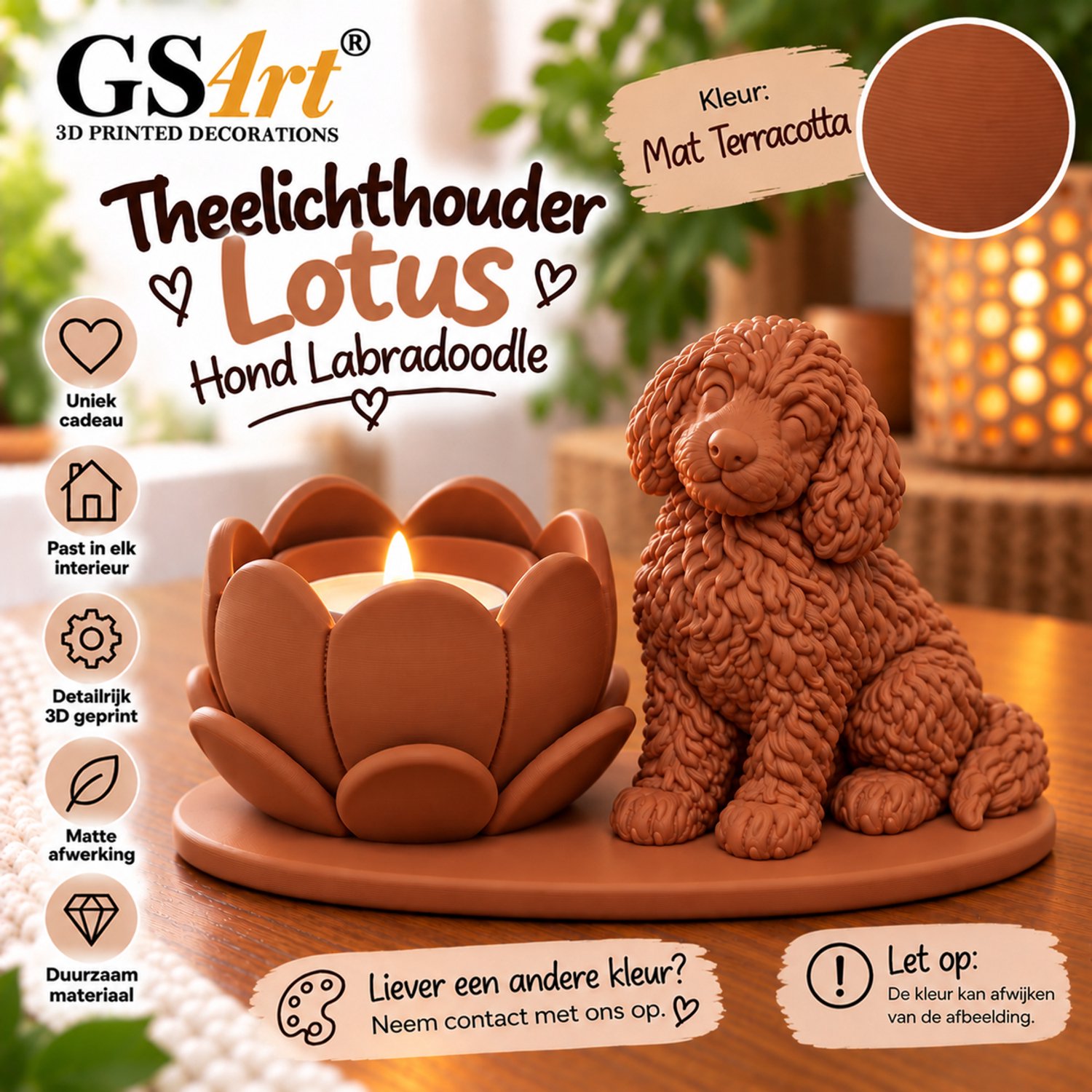 GSArt Theelichthouder Lotus Labradoodle Hond – LED – Mat Terracotta