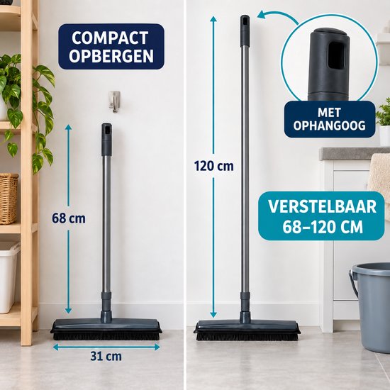Dutch Standard Rubberen Bezem met Trekker - Telescopische Steel 68-120 cm - 2-in-1 - 31 cm - Grijs Zwart — afbeelding 4