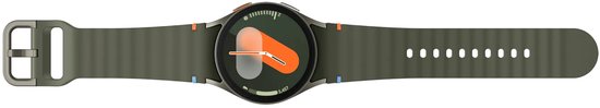 Samsung Galaxy Watch7 40mm in het groen, plat neergelegd met een geribbelde band en kleuraccenten bij de aanzet.