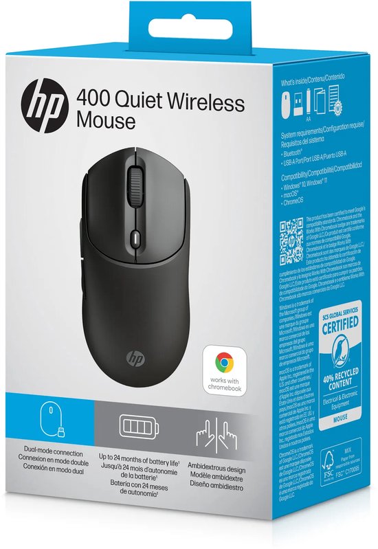 Verpakking van HP 400 Quiet Wireless Mouse met productinformatie en 'works with chromebook' label.