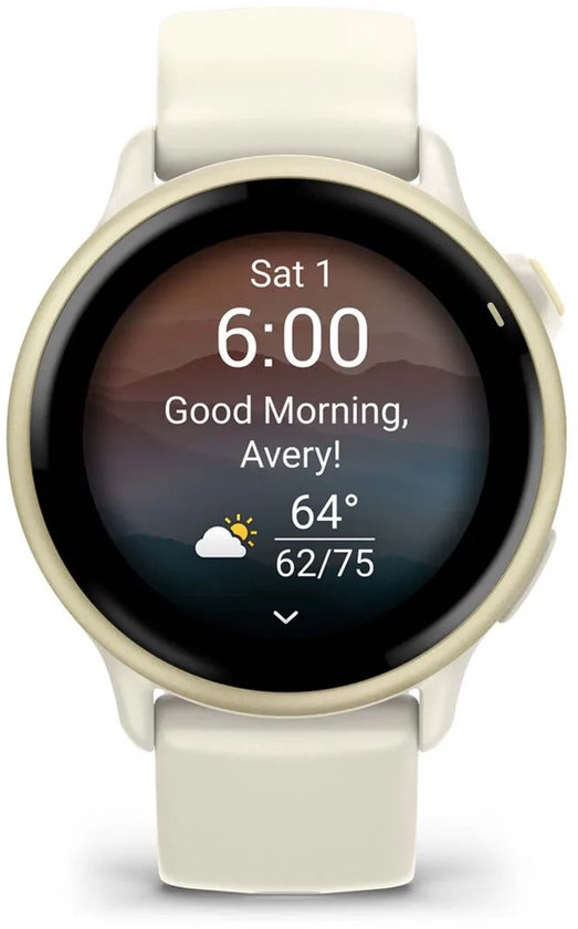 Smartwatch met Good Morning Avery, tijd 6:00 en weerpictogram op het scherm.