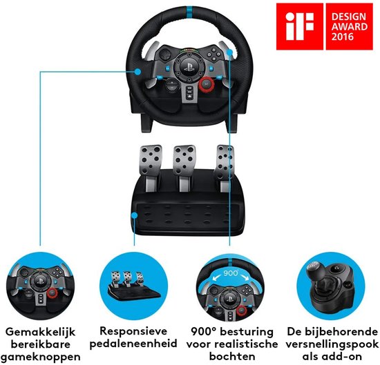 Overzicht van stuur, pedalen en versnellingspook met iF Design Award 2016-label.