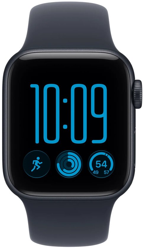 Zwarte smartwatch met marineblauwe siliconen band, toont 10:09 en fitness-ringen in helderblauw op het scherm.