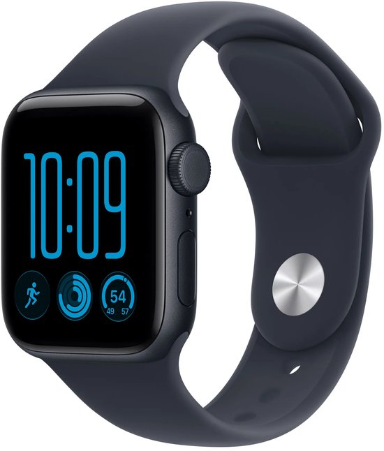 Zijaanzicht van een zwarte smartwatch met digitale wijzerplaat 10:09 en een marineblauwe band met metalen sluiting.