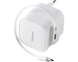 Intenso W65ACIC 65W GaN Power Adapter - USB-C Snel lader met oprolbare kabel - Laptop - Tablet - Smartphone- wit