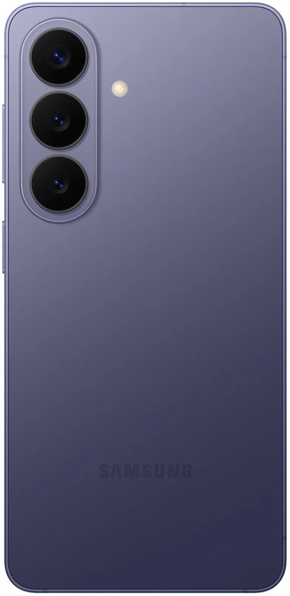 Achterkant van een Cobalt Violet Samsung smartphone, met drievoudige camera's en het Samsung-logo onderaan.