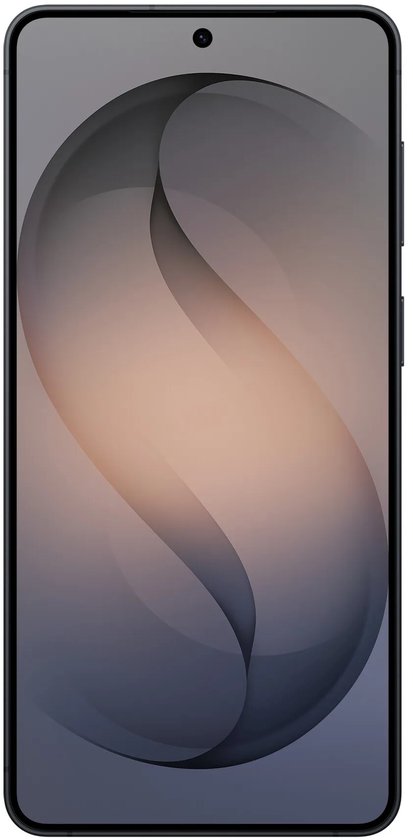 Voorkant van een zwarte smartphone met een abstract, golvend patroon op het scherm.