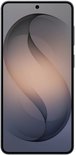Voorkant van een zwarte smartphone met een abstract, golvend patroon op het scherm.