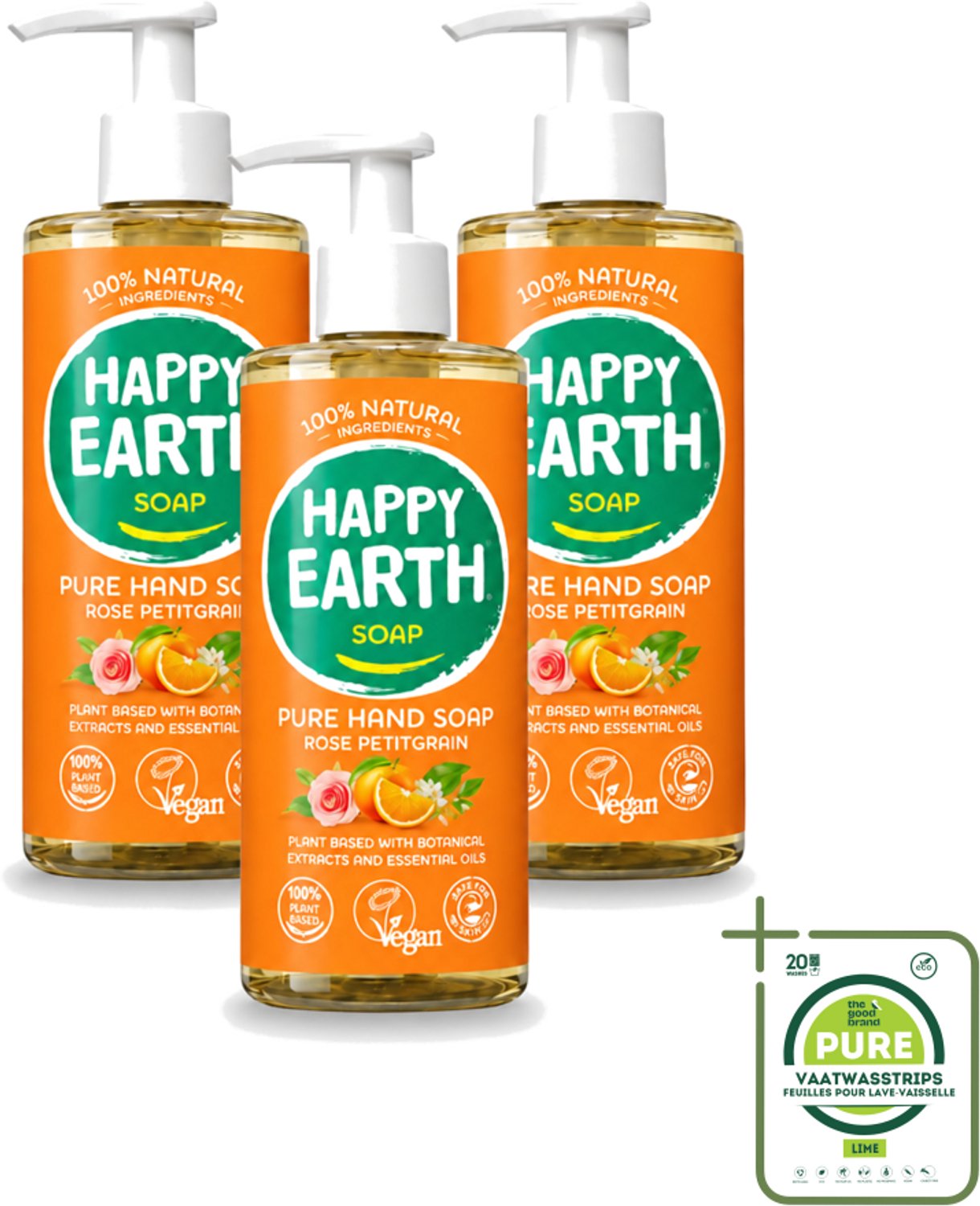 3 x Happy Earth – Handzeep – 100% Natuurlijk Rose Petitgrain – 300 ml - Grootverpakking - Vaatwasstrips - Natuurlijke Handzeep - Vegan Handzeep - Handzeep Met Bloemige Geur - Handzeep Met Frisse Geur - Handzeep Voor Huid