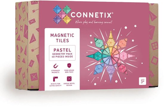 Doos Connetix Pastel Geometrie Pakket met 40 magnetische tegels en illustratie van een stervormig ontwerp.