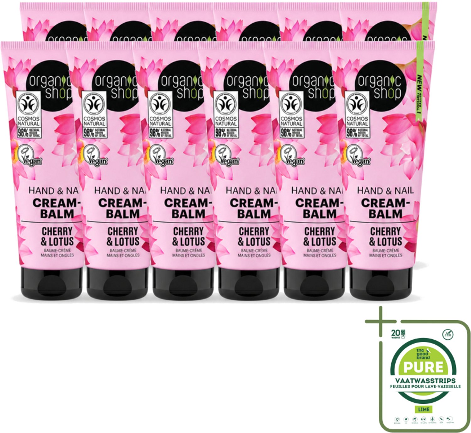 12 x Organic Shop - Hand & Nail Cream - Cherry & Lotus - Verzorgend en Hydraterend - 75 ml - Grootverpakking - Vaatwasstrips - Handcrème - Nagelverzorging - Handen Verzorgen - Nagels Versterken - Biologische Handcrème