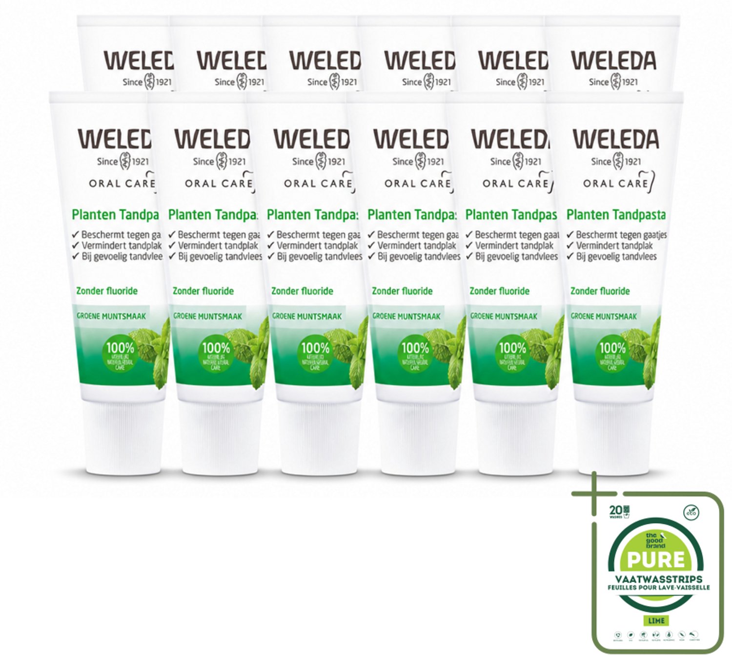 12 x WELEDA - Planten tandpasta - 75 ml - Grootverpakking - Vaatwasstrips - Natuurlijke Tandpasta - Tandvlees Kalmeren - Tanden Reinigen - Kamille-extract - Mirre
