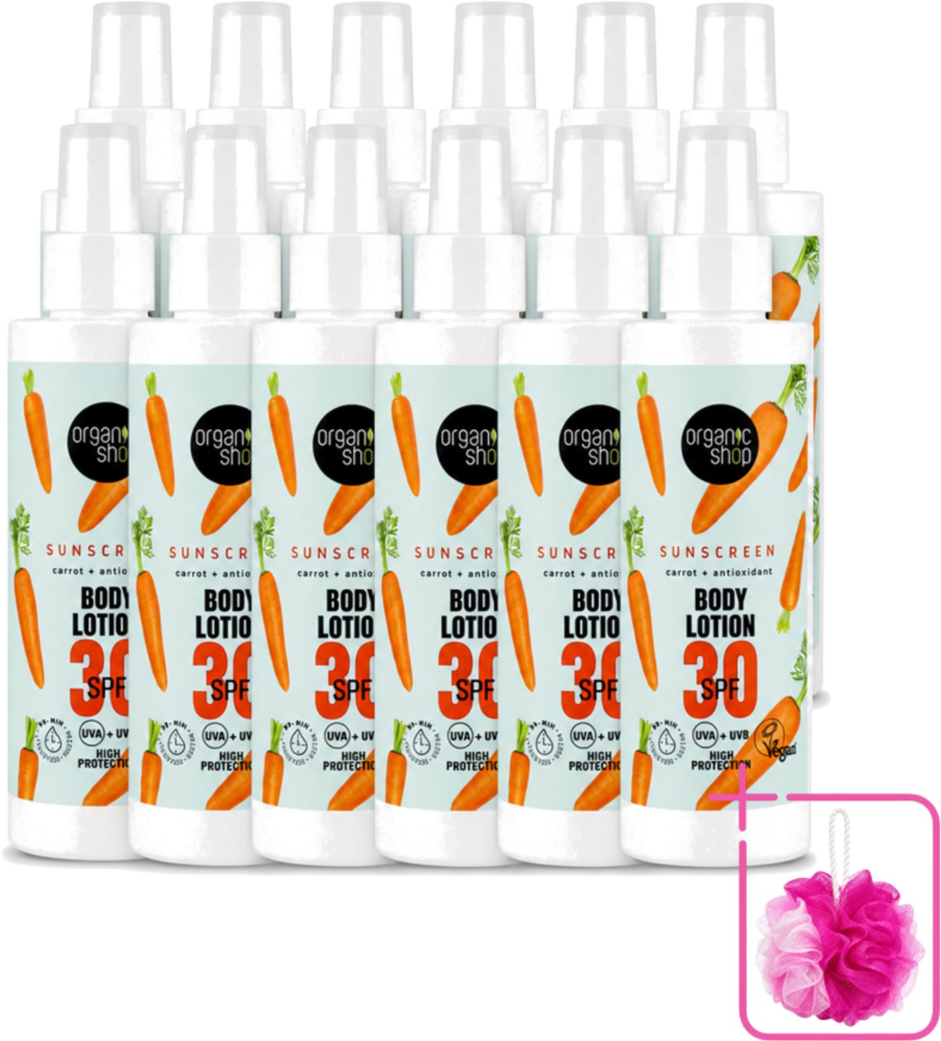 12 x Organic Shop - Zonnebrandcrème SPF 30 - Bescherming tegen de Zon - 150 ml - Bulkverpakking - Zonbescherming - Douchemop - Zonnebrandcrème