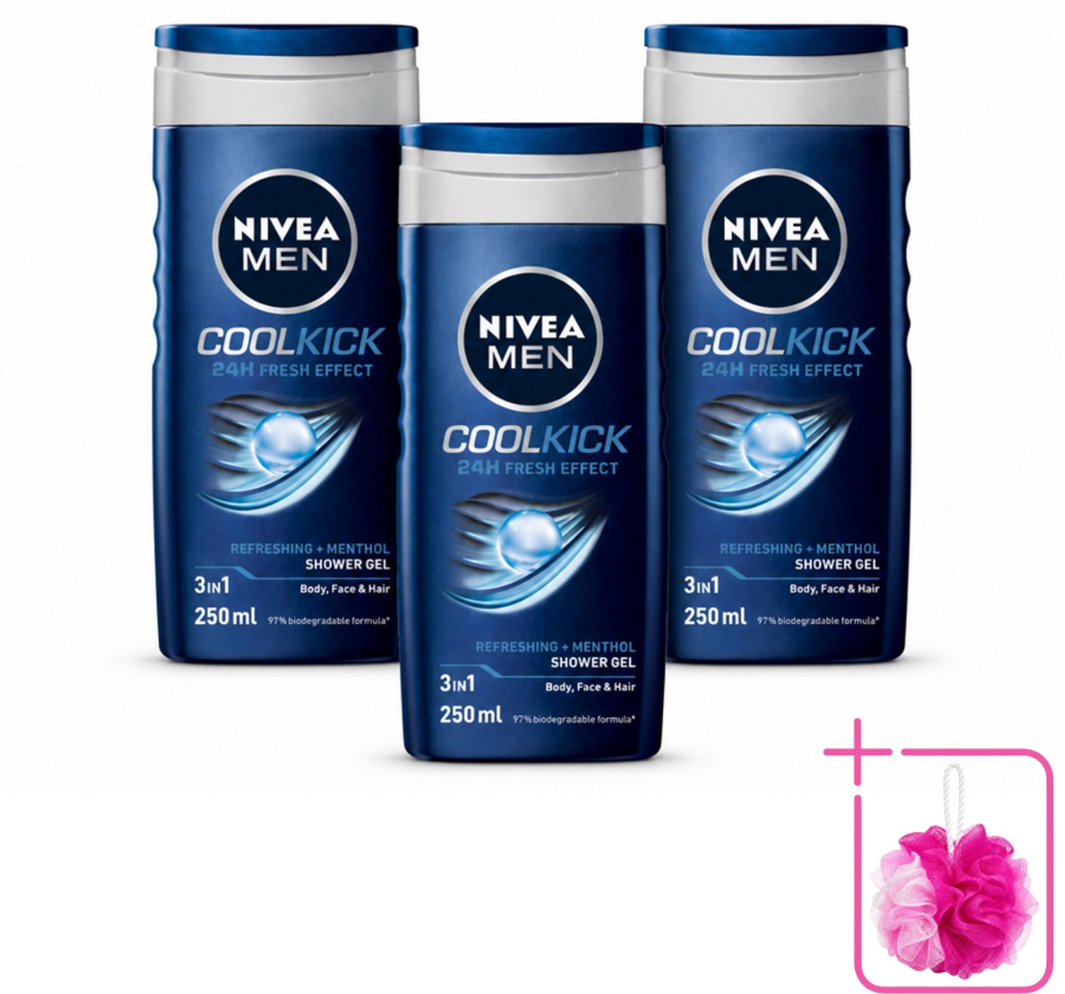 3 x NIVEA MEN - Douchegel - Cool Kick - 250 ml - Bulkverpakking - Douchegel - Douchemop - Shampoo