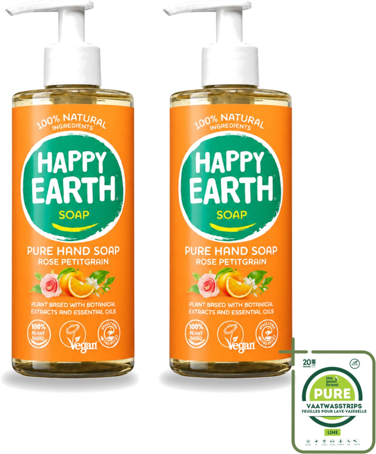 2 x Happy Earth – Handzeep – 100% Natuurlijk Rose Petitgrain – 300 ml - Grootverpakking - Vaatwasstrips - Natuurlijke Handzeep - Vegan Handzeep - Handzeep Met Bloemige Geur - Handzeep Met Frisse Geur - Handzeep Voor Huid