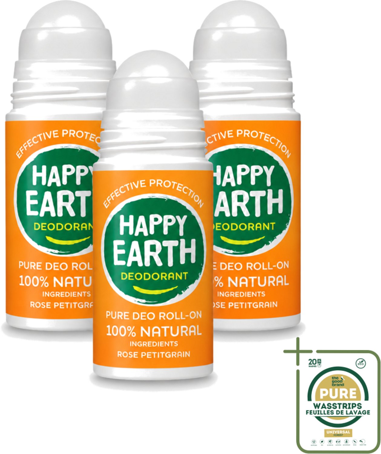 3 x Happy Earth – Deodorant Roll-On – 100% Natuurlijk Rose Petitgrain – 75 ml - 100% Natuurlijke Deodorant - Roll-on Deodorant - Frisse Geur - Bloemige Geur - Roos
