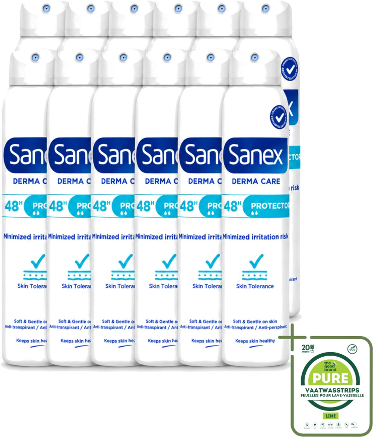 12 x Sanex – Deodorant Spray – Dermo Protector – 200 ml - Grootverpakking - Vaatwasstrips - Huidbescherming - Zweetbehandeling - Geurverwijdering - Hypoallergeen - PH-balans
