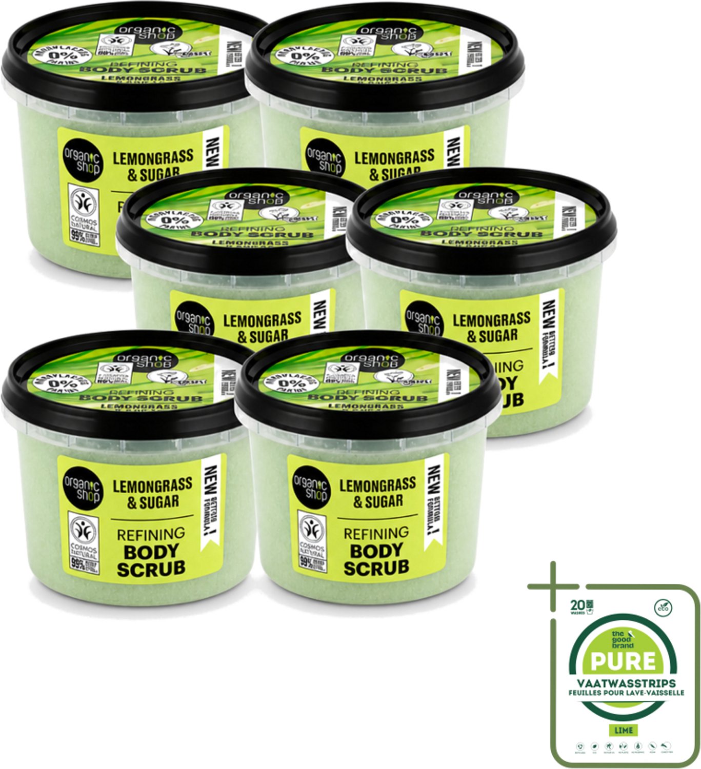 6 x Organic Shop - Body Scrub Lemongrass - Verfrissend en Verzorgend - 250 ml - Grootverpakking - Vaatwasstrips - Bodyscrub - Exfoliatie - Huidverzorging - Citroengrasolie - Suiker Scrub