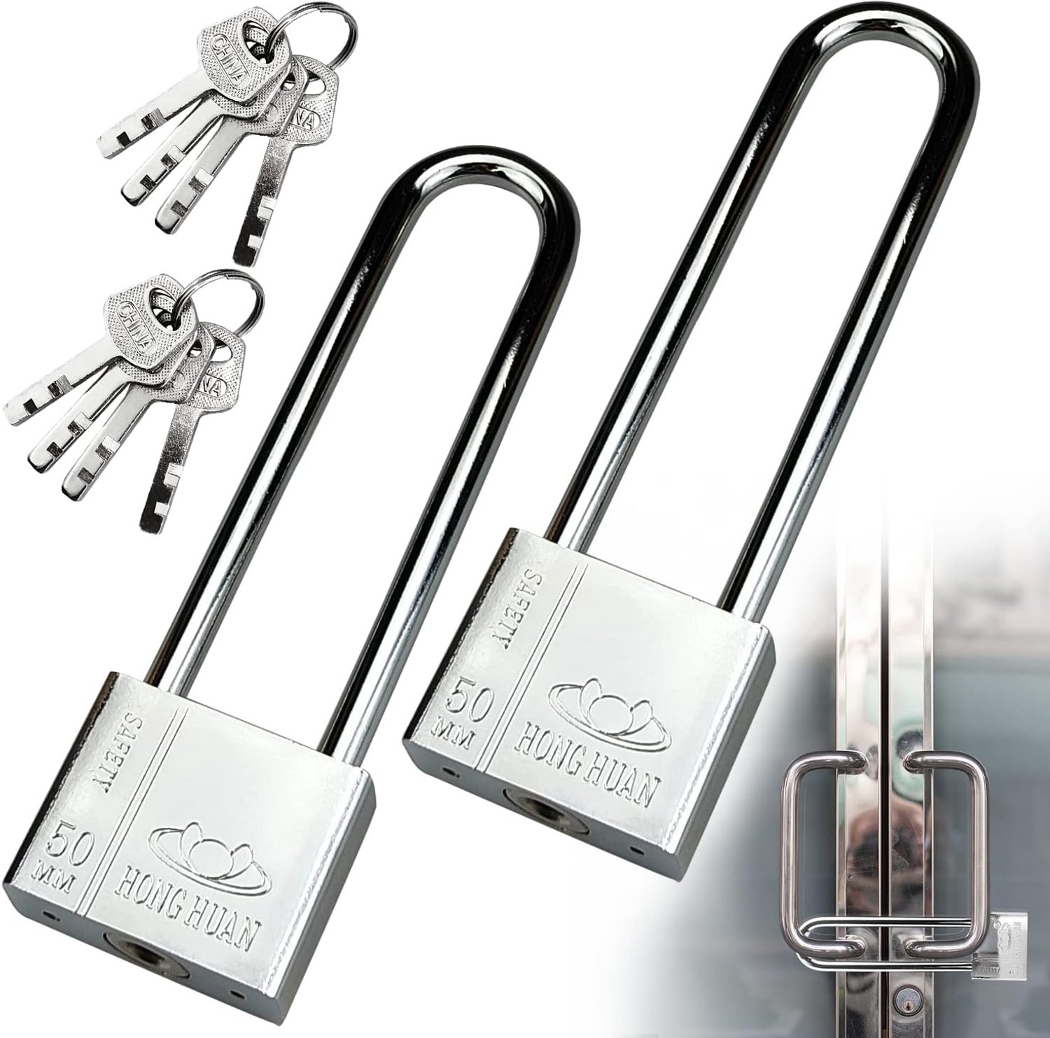 2x Hangslot met Lange Beugel - 50mm - 8 Sleutels - Weerbestendig