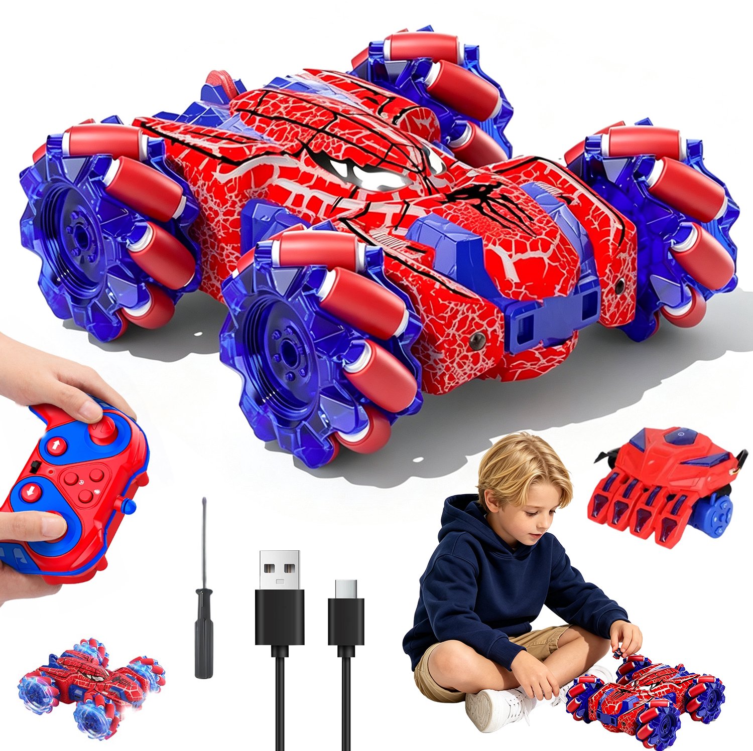 Bestuurbare Stuntauto Auto - RC Auto 4WD - Afstandsbestuurbaar Auto - Speelgoedauto Binnen & Buiten - LED Verlichting - 360° Rotatie - Controller & Gebarenbediening - Kinderen Vanaf 3 Jaar - Voor Gras & Zand & Grindgrond