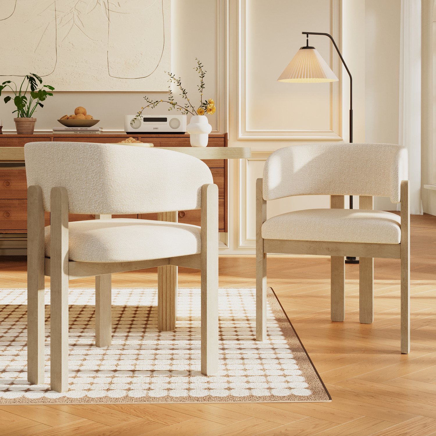 Clruro Eetkamerstoelen - Set van 2 - met Armleuningen - Gestoffeerd - Massief Hout/Bouclé - Naturel