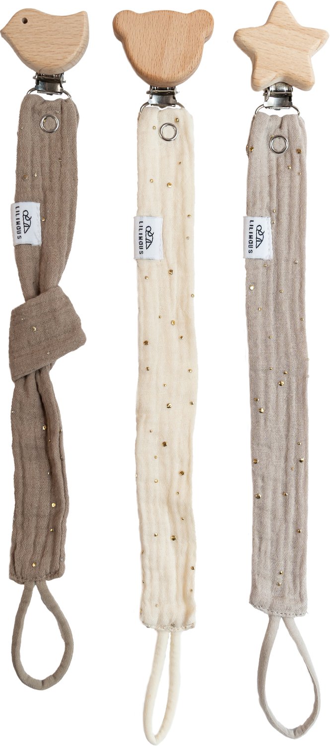 LILIMAUS Speenkoord met gouden details - set van 3 - mousseline katoen met houten clip - lichtbeige, donkerbeige en crème
