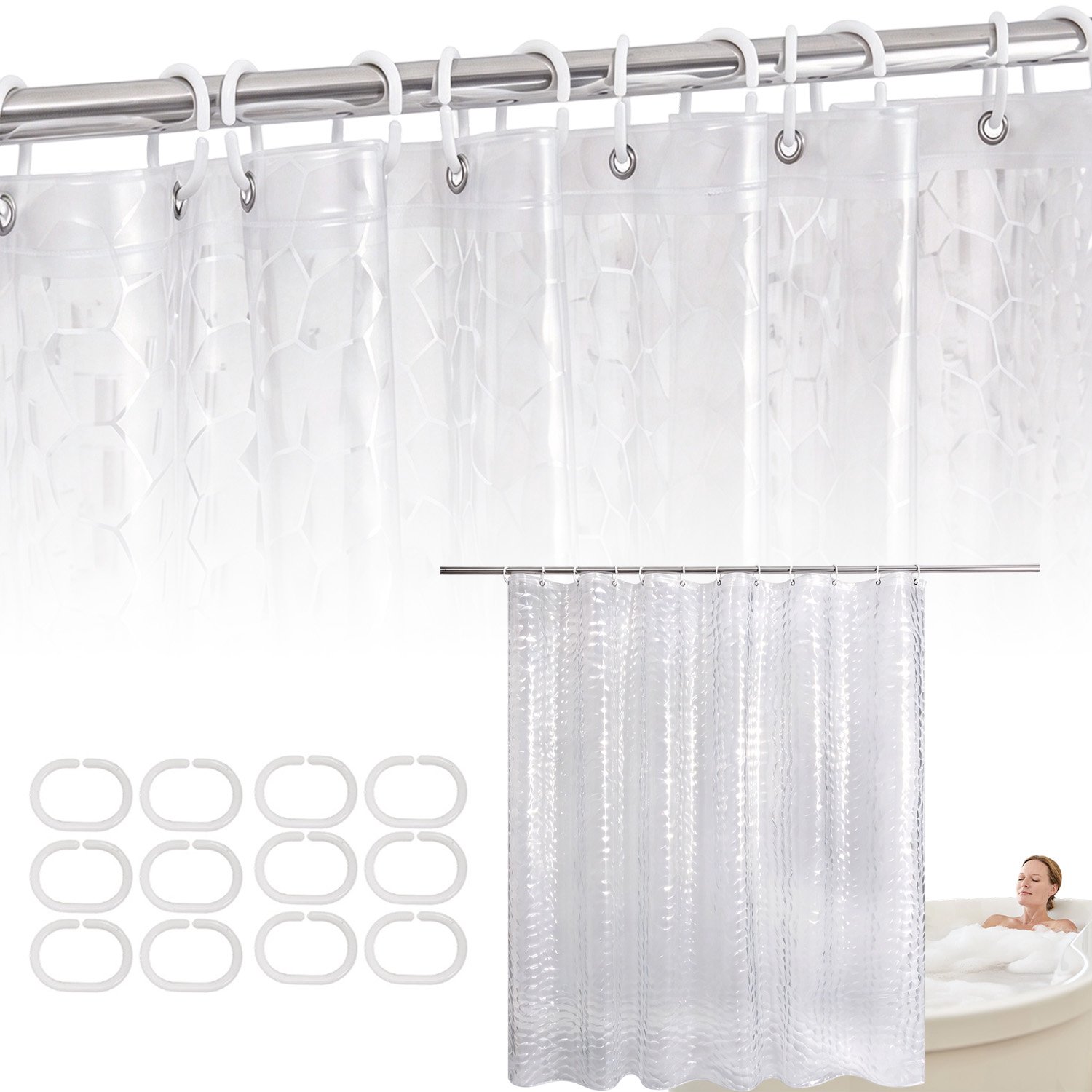Douchegordijn Anti Schimmel - Badgordijn - 180 x 200 cm - Waterdicht - Milieuvriendelijk - Transparant - EVA - Met 12 Haken - Voor Badkamer & Doucheruimte